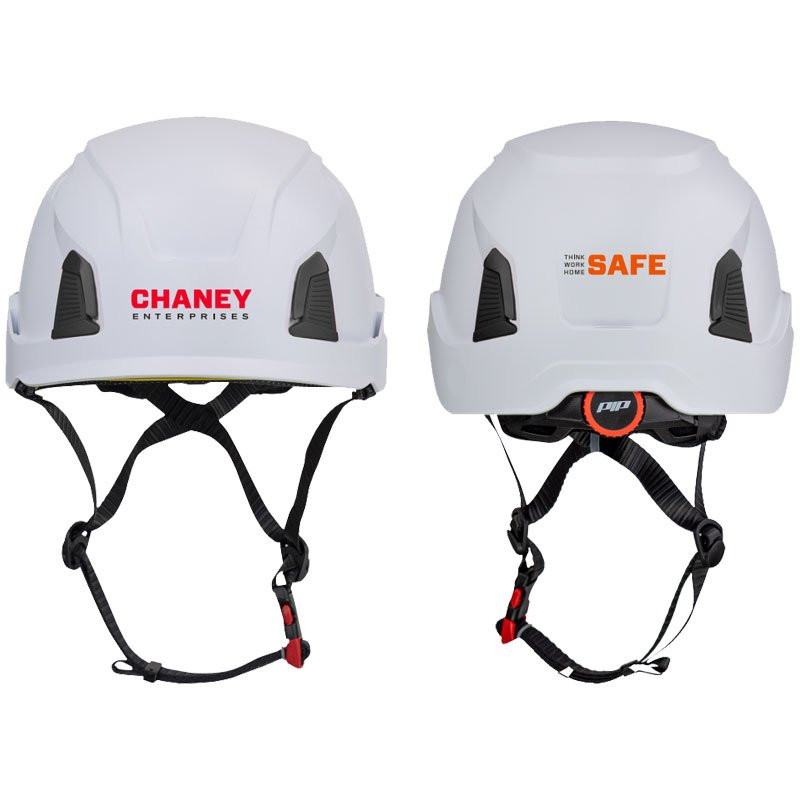 TRAVERSE TYPE I SAFETY HELMET - WHITE W/4-PT WHEEL RATCHET SUSPENSION, 4-PT CHIN STRAP W/CHANEY ENTERPRISES LOGO 2C 2L