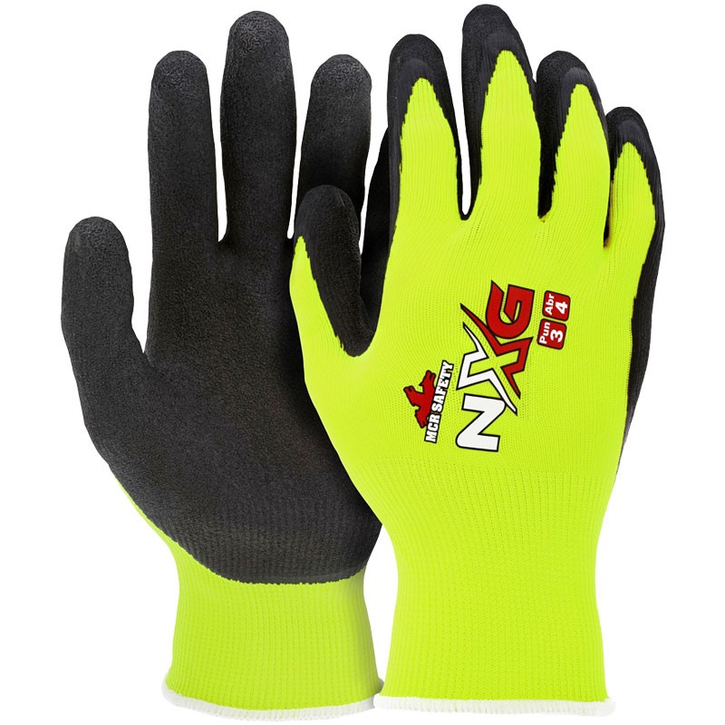 13 Gauge Hi-Vis Yellow Nylon/Poly Glove, Black Latex Foam Grip, X-Large