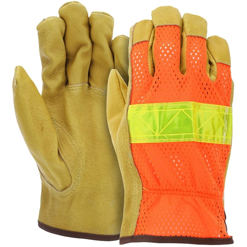 Luminator® Premium Grain Pigskin Hi-Vis Leather Drives Glove, Mesh Back, Large