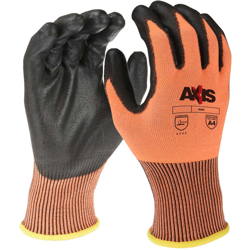 AXIS™ 13ga Orange Cut Resistant Glove, Black PU Coated Palm, Large