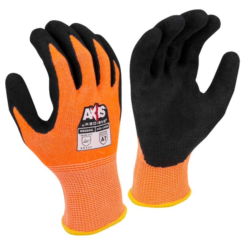 AXIS™ 13ga Orange Cut Resistant Glove, Black PU Coated Palm, X-Small