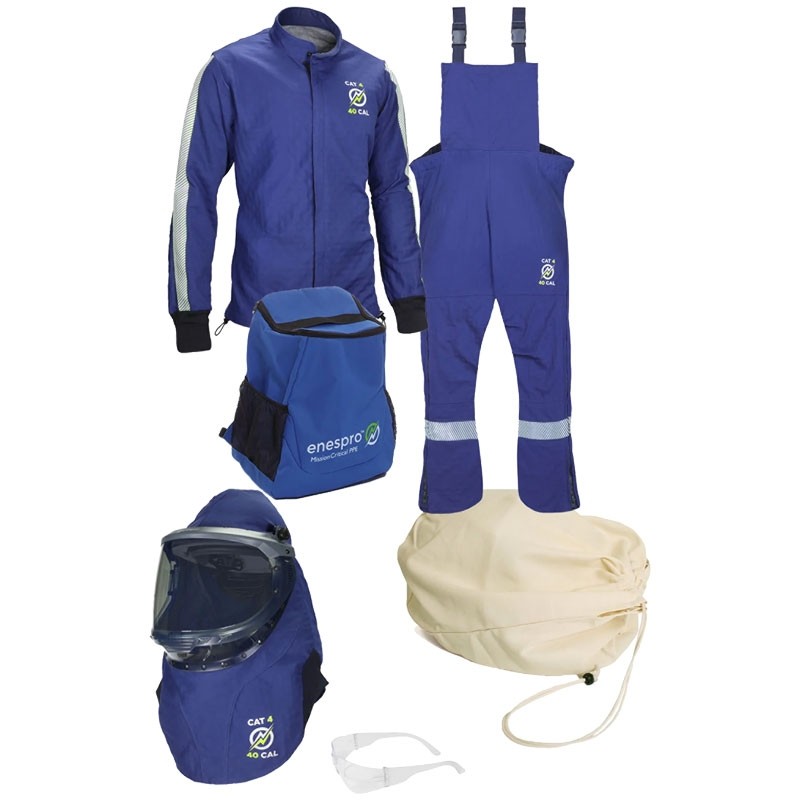 Enespro® AGP™ 40cal/cm² Arc Flash Kit w/ Jacket & Bib Overall, Hard Hat, Lift-Front Hood, Backpack Storage, No Gloves, Medium