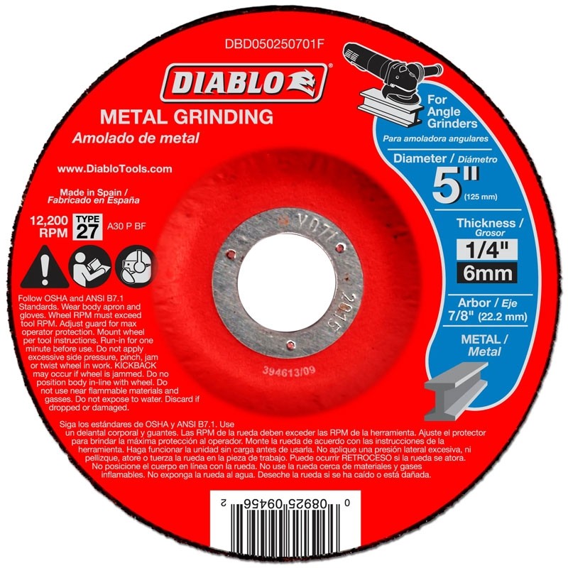 5" X 1/4 X 7/8 Metal Grinding Disc - Type 27 Diablo