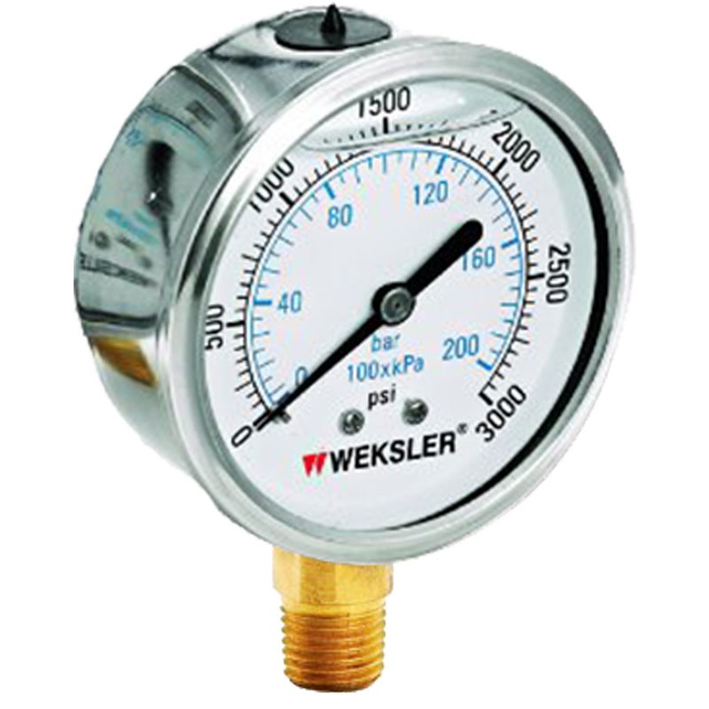 2.5" Stainless Steel Cased, Liquid Filled Pressure Gauge, 0-3000 PSI, 1/4" NPT Bottom Connector