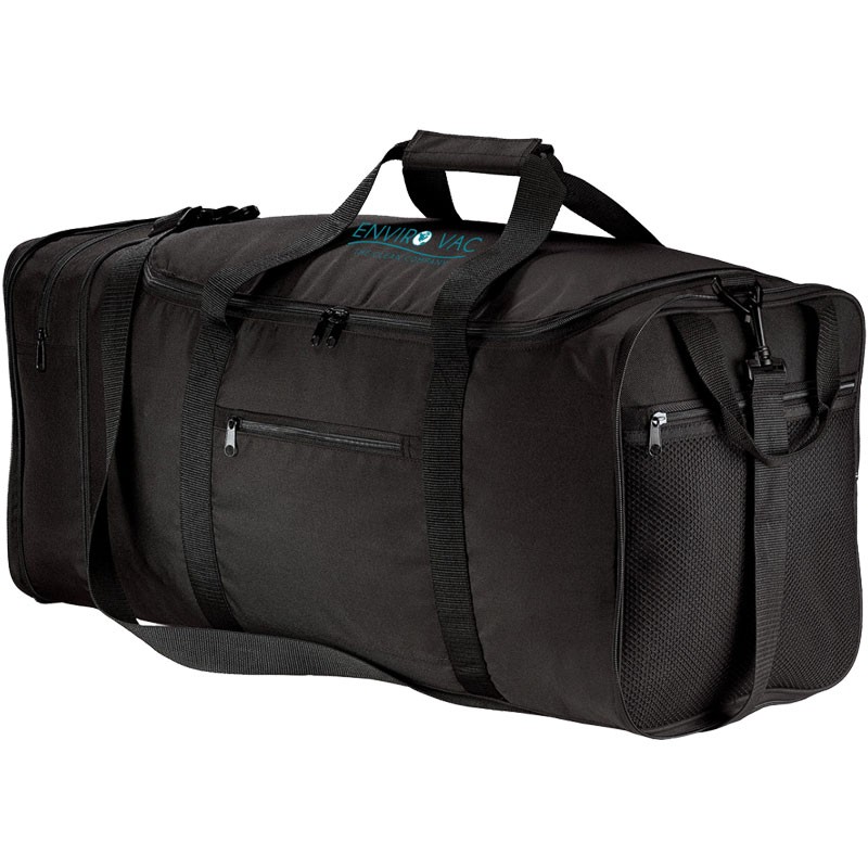 BLACK PACKABLE TRAVEL DUFFEL BAG  12 IN. X 23 IN. X 11 IN. - W/ ENVIROVAC LOGO (2C - 1L)