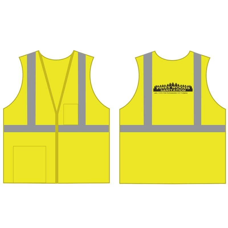 SM CLS 2 ECON SAFETY VEST LY ECONECONOMY W/ZIPPER CLOSURE W/ PINEY WOODS/LIVE OAK ENVIRONMENTAL LOGO 1C 1L