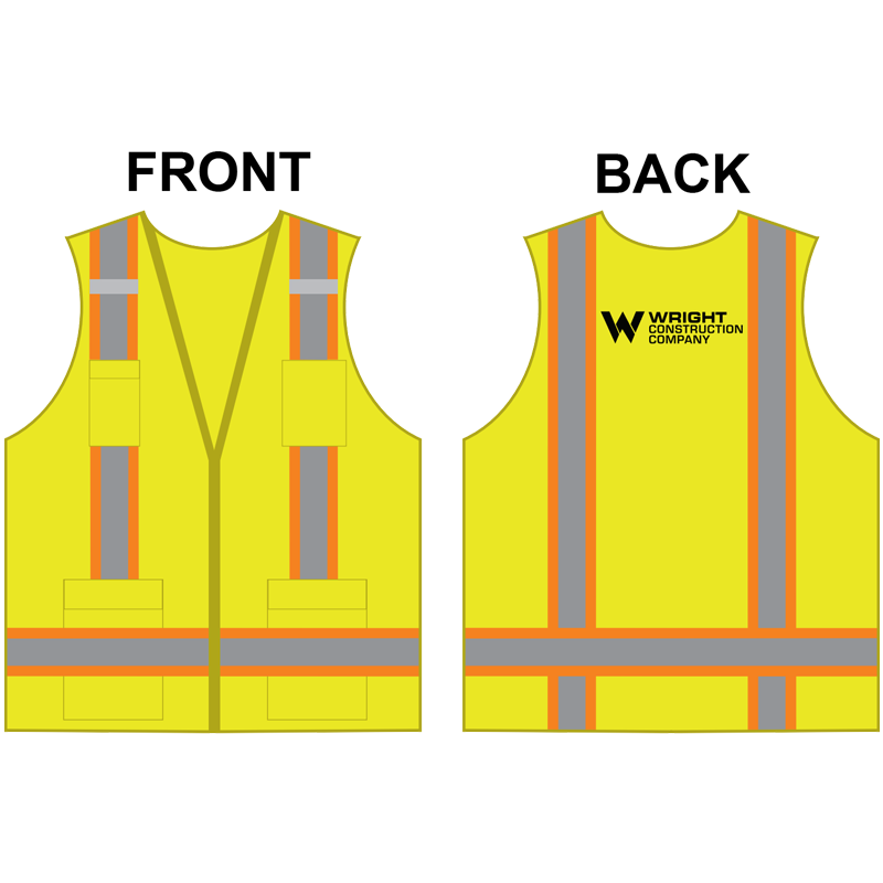 5-XL TWO-TONE STRIPE CLS 2 VEST LY 8 POCKET SURVEYOR'S VEST   W/ WRIGHT CONSTRUCTION LOGO (1C - 1L)