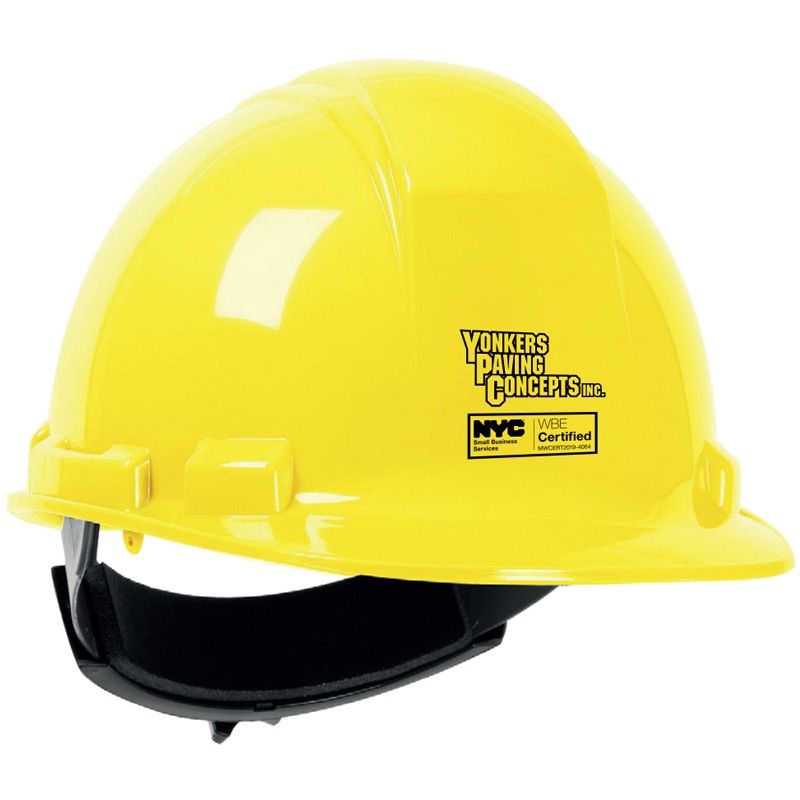 241R YELLOW HARD HAT W/ 4-PT WHEEL RATCHET SUSPENSION  W/ YONKERS PAVING LOGO (1C - 1l)