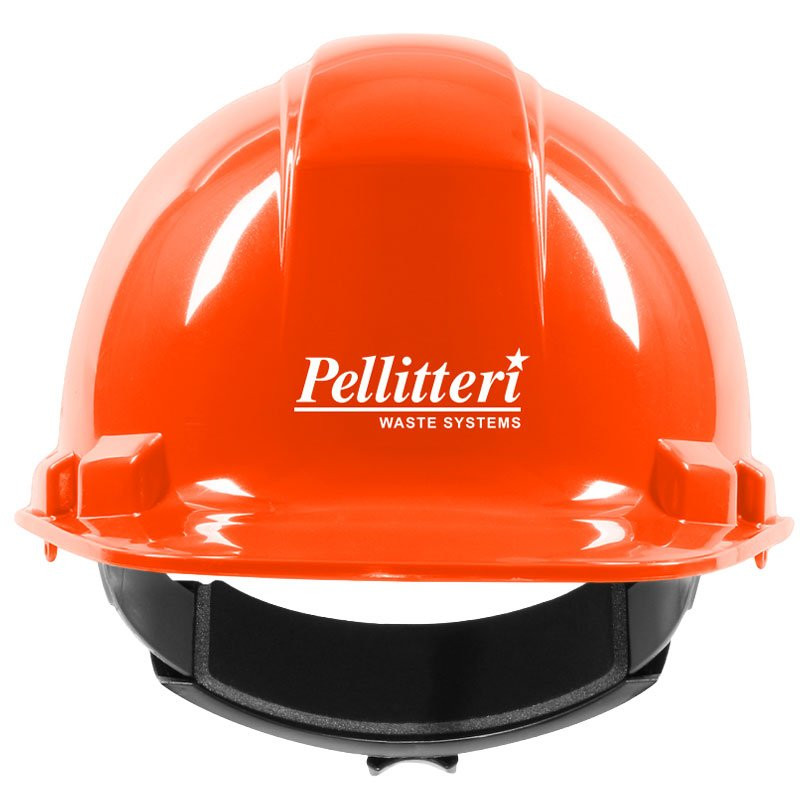 241R ORANGE HARD HAT W/ 4-PT WHEELRATCHET SUSPENSION W/ PELLITTERI WASTE SYSTEMS LOGO 1C 1L
