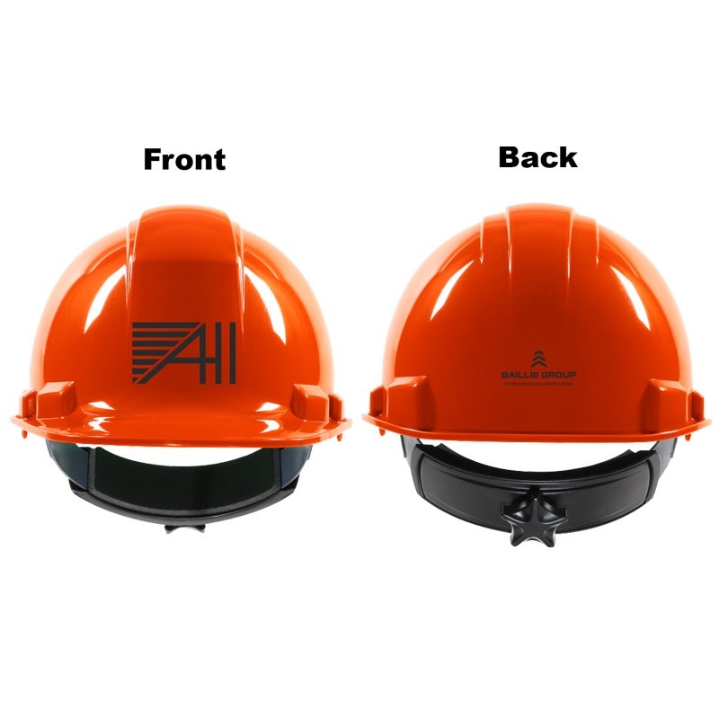 241 HI-VIS ORG HARD HAT W/ 4-PT PINLOCK SUSPENSION W/ BAILLIE LUMBER GROUP AHI LOGO 1C 2L