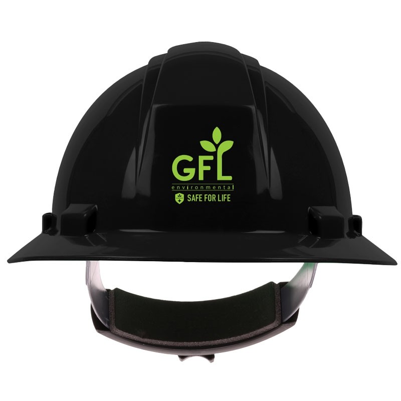 642R BLACK FULL BRIM HARD HAT W/ 4-PT  WHEEL RATCHET SUSPENSION W/ GFL ENVIRONMENTAL LOGO 1C 1L