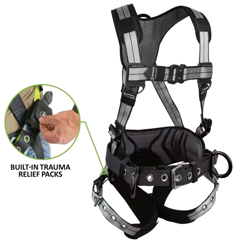 SafeWaze™ 023-1259 Construction Harness, Aluminum D-Rings, QC Chest & TB Legs, Trauma Relief Packs, X-Large