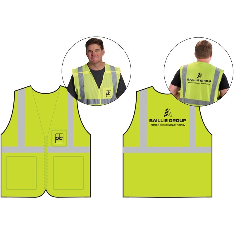 3XL CLS-2 HI-VIS YELLOW MESH BKWY VEST  5 POINT BREAKAWAY W/ BAILLIE GROUP - POTTER LUMBER LOGO 1C 1C 2L