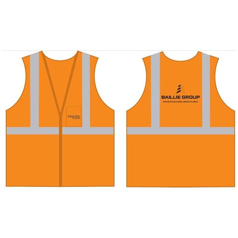 M CLS-2 HI-VIS ORANGE MESH BKWY VEST5 POINT BREAKAWAY W/ BAILLIE LUMBER GROUP - THE WAGNER COMPANIES LOGO 1C 1C 2L