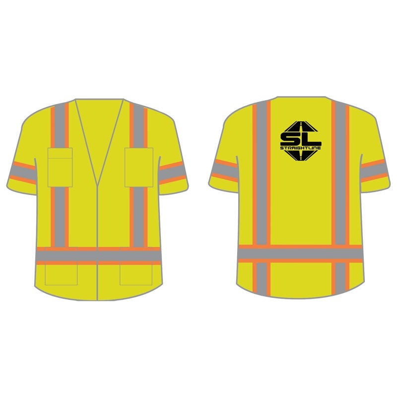 5X CLASS 3 HI-VIS YELLOW VEST BREAK AWAY CLOSURE W/ STRAIGHTLINE INC LOGO 1C 1L