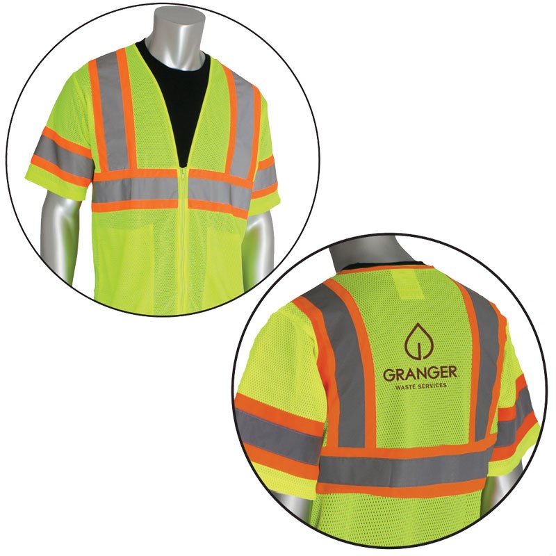 Class 3 Safety Vest, Hi-Vis Yellow, Mesh, Two-Tone Striping, Zipper Closure, 2 Internal Pockets, Granger Waste Logo Printed Back Center, X-Large