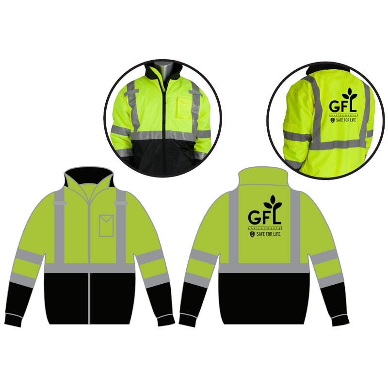 5X CLS-3 HI-VIS YEL BOMBER JACKET W/  BLACK BOTTOM & FIXED LINER  W/ GFL LOGO 1C-1L