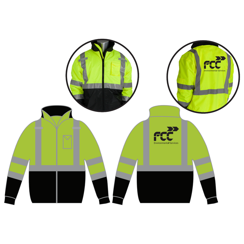 6XL CLS-3 HI-VIS YEL BOMBER JACKET W/BLACK BOTTOM & FIXED LINER W/ FCC ENVIRONMENTAL LOGO 1C 1L