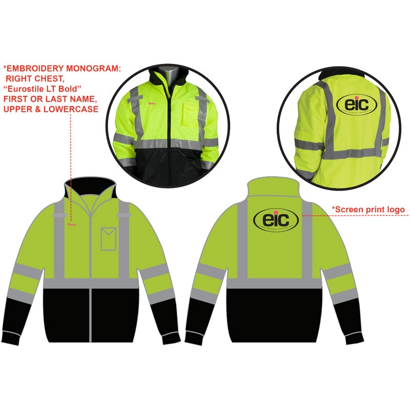 5-XL  CLS-3 HI-VIS YEL BOMBER JACKET W/ BLACK BOTTOM & FIXED LINER  W/ EIC LOGO 2C - 1L (NAME EMBROIDERED ON THE RIGHT CHEST)