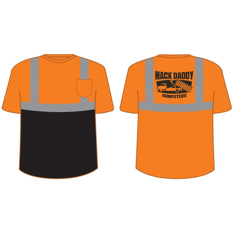 2XL CLASS 2 CREW NECK T-SHIRT ORANGEWITH BLACK BOTTOM W/ MACK DADDY DUMPSTERS LOGO 1C 1L