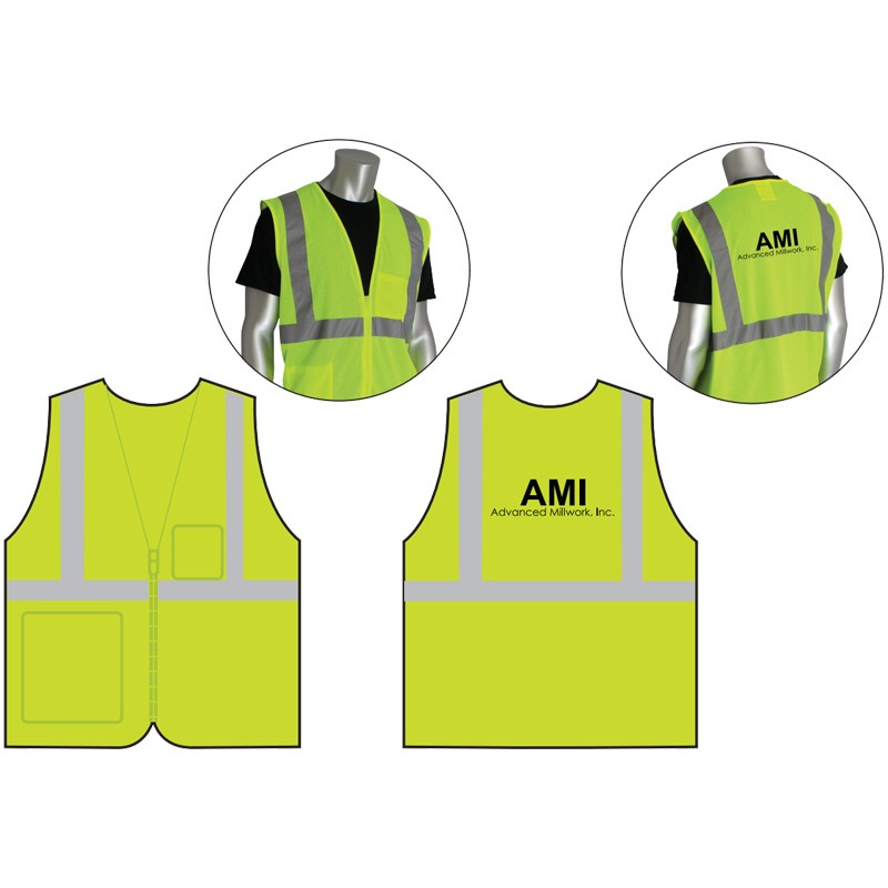 6-XL  CLS 2 SAFETY VEST LY ECON W/ZIPPER ECONOMY W/ZIPPER CLOSURE   W/ ADVANCED MILLWORK LOGO (1C -1L)