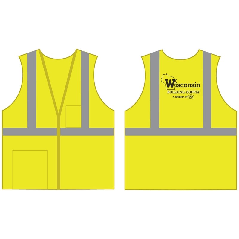 XL CLS 2 ECON SAFETY VEST LY ECONOMY W/ZIPPER CLOSURE W/ WISCONSIN BUILDING SUPPLY LOGO 1C 1L