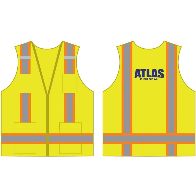 3XL TWO-TONE STRIPE CLS 2 VEST LY 8 POCKET SURVEYOR'S VEST W/ ATLAS DISPOSAL LOGO 1C 1L