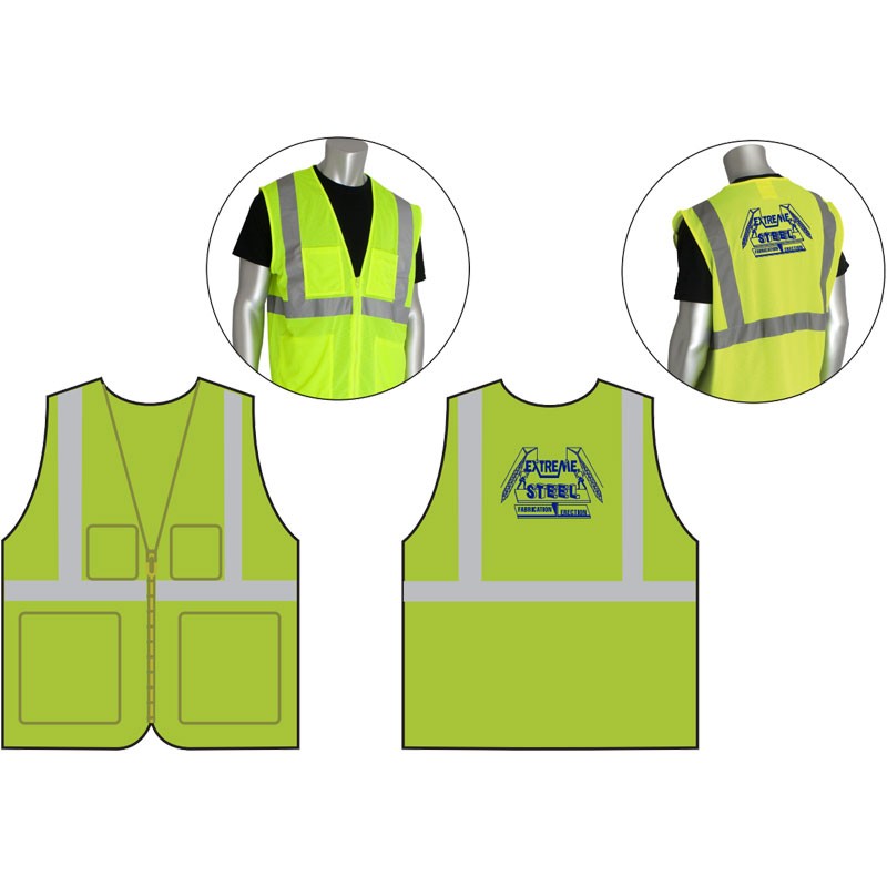 4X CLASS 2 SAFETY VEST HI-VIS YELLOW  MESH ECONOMY 4-POCKET W/ZIPPER CLOSURE W/ EXTREME STEEL FABRICATION LOGO 1C-1L