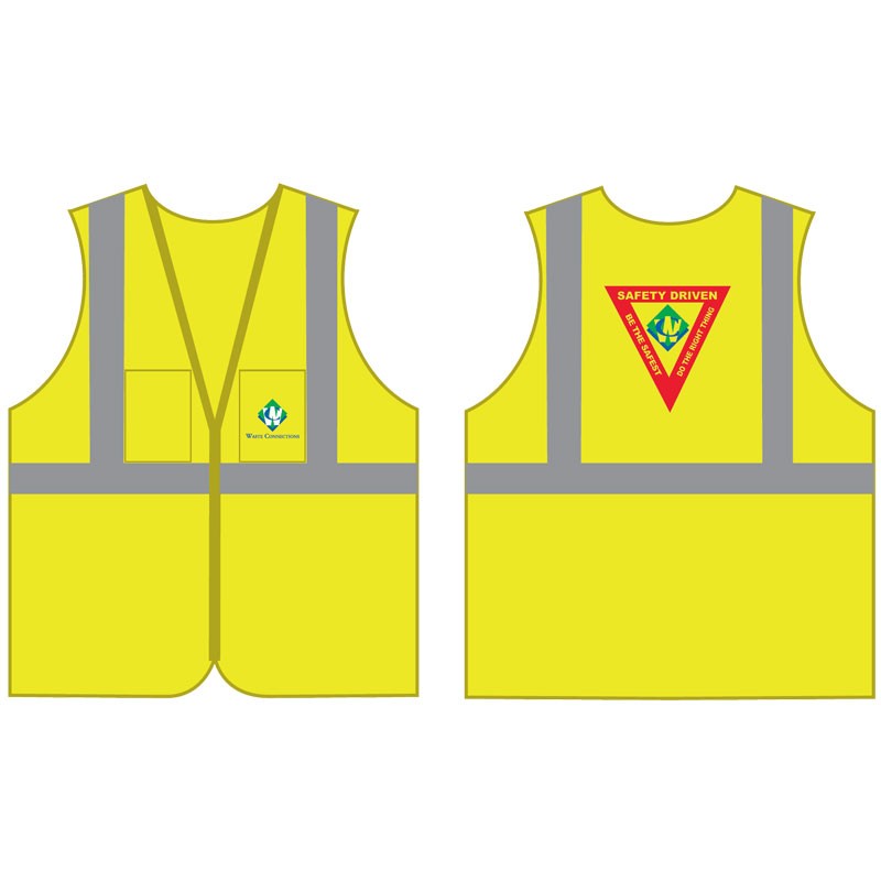 5-XL   CLASS 2 SAFETY VEST HI-VIS YELLOW  MESH ECONOMY 4-POCKET  W/ ZIPPER CLOSURE   W/ WASTE CONNCETIONS LOGO (2L - 3C)