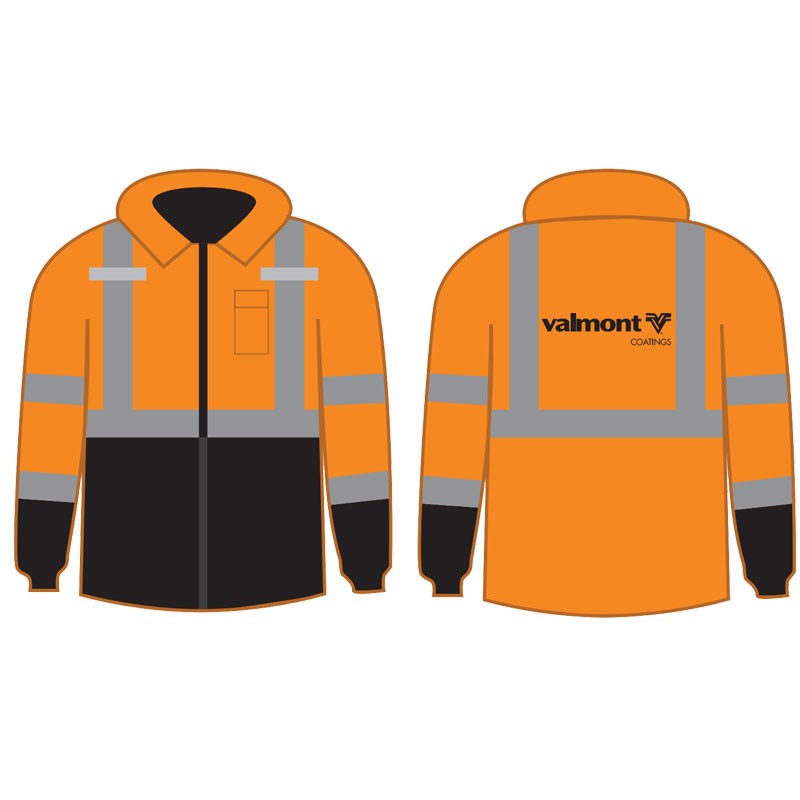 Class 3 Black Bottom Bomber Jacket, Fixed Liner, Hi-Vis Orange, w/ Valmont Coatings Logo, 2-XL