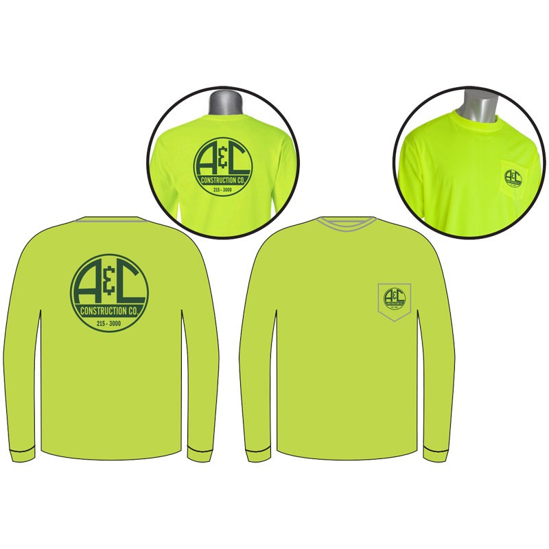 5-XL  NON-ANSI CREW NECK L/S T-SHIRT 1 POCKET, HI-VIS YELLOW   W/ A AND C LOGO (1C - 2L)