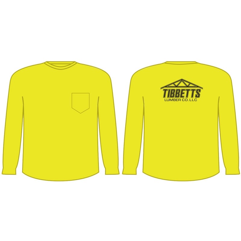 3XL NON-ANSI CREW NECK L/S T-SHIRT 1 POCKET, HI-VIS YELLOW W/ TIBBETTS LUMBER COMPANY LOGO 1C 1L