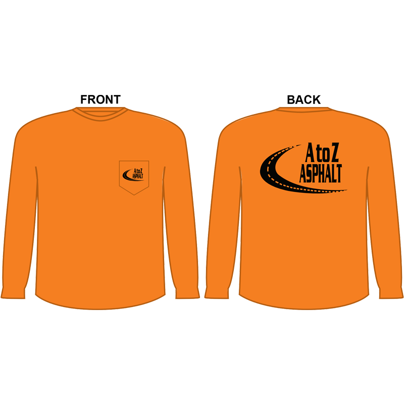 XL NON-ANSI CREW NECK L/S T-SHIRT 1 POCKET, HI-VIS ORANGE  W/ A TO Z ASPHALT LOGO (2L - 1C)