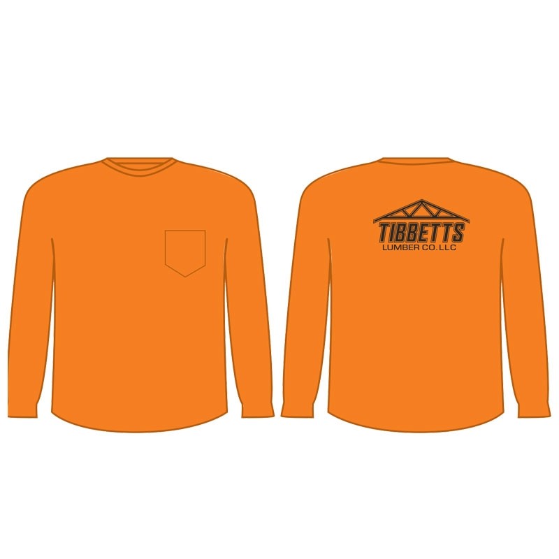 4XL NON-ANSI CREW NECK L/S T-SHIRT 1 POCKET, HI-VIS ORANGE W/ TIBBETTS LUMBER COMPANY LOGO 1C 1L