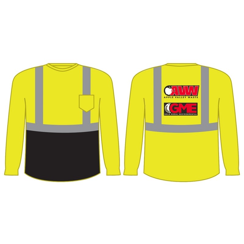 3XL CLS 2 HI-VIS YEL L/S SHIRT -  BLACK BOTTOM W/ APPLE VALLEY WASTE GOLDEN MEDAL ENVIRONMENTAL LOGO 3C 1L
