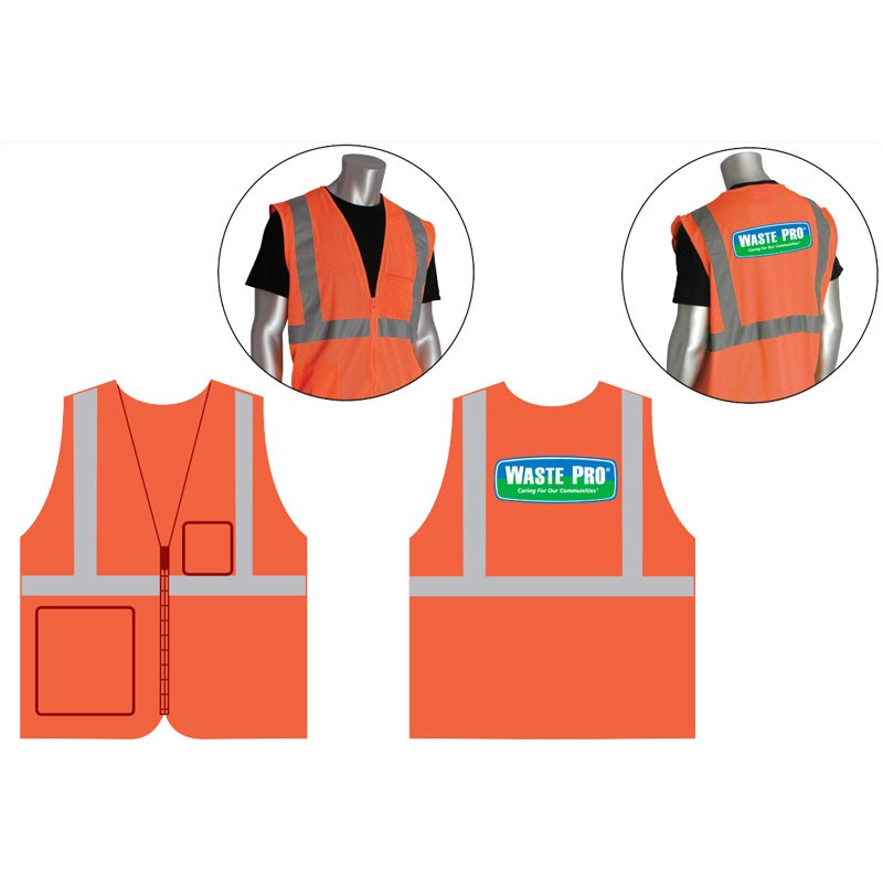 MED  CLS 2 SAFETY VEST - HI-VIS ORANGE W/  WASTE PRO LOGO 3C-1L