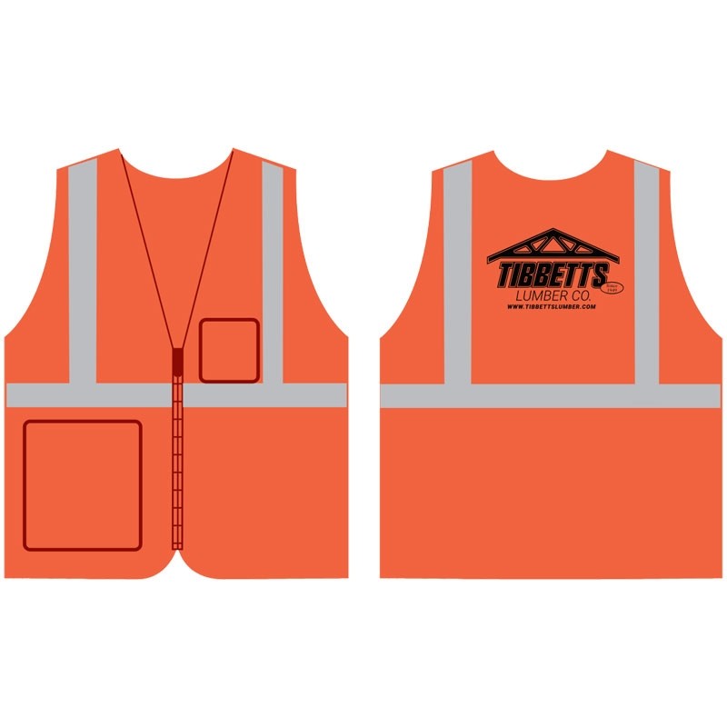2XL CLS 2 SAFETY VEST - HI-VIS ORANGE  MESH ECONOMY W/ZIPPER CLOSURE W/ TIBBETTS LUMBER LOGO 1C 1L