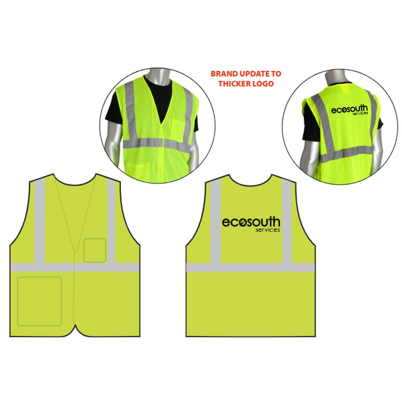 2X CLS 2 SAFETY VEST HI-VIS YEL  W/ ECONOMY H&L CLOSURE  W/ ECOSOUTH LOGO 1C - 1L