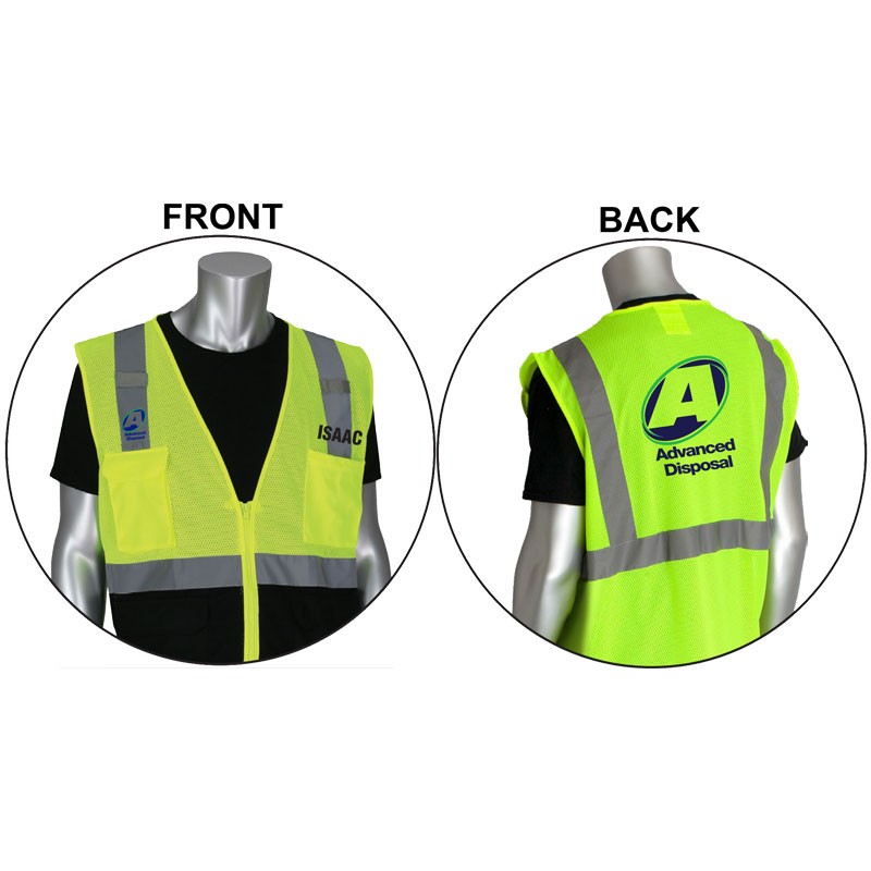 3-XL CLS 2 LY BLACK BOTTOM MESH VEST W/ ZIPPER CLOSURE  W/ ADVANCED DISPOSAL LOGO 2C - 2L -   EMBROIDERED NAME ON FRONT (HUB186) AND SCREEN PRINT ON BACK (10830A-1)