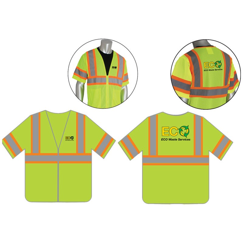 5-XL CLASS 3 ECONOMY SAFETY VEST LIME  W/ ZIPPER CLOSURE   W/ MERIDIAN WASTE-ECO SVCS LOGO 3C - 2L