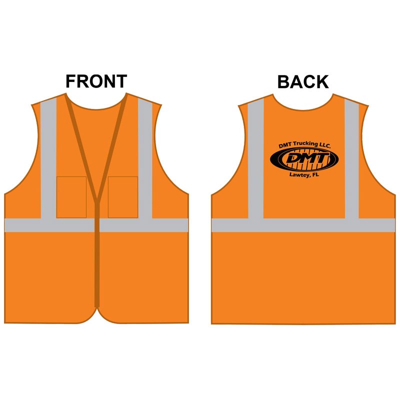 5-XL CLS-2 ORANGE MESH SAFETY VEST W/ ZIPPER CLOSURE  W/ DMT TRUCKING LOGO (1C - 1L)
