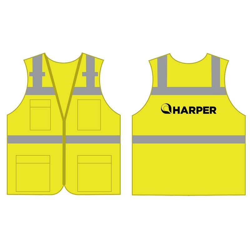 M CLASS 2, SURVEYORS VEST W/ZIPPER CLOSURE, MESH, MIC TABS & POCKETS HI-VIS YELLOW W/ HARPER LIMBACH LOGO 1C 1L
