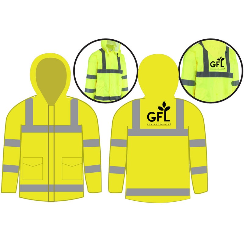 MED  CLASS 3 HI VIS LIME RAIN JACKET  W/ GFL LOGO 1C -1L