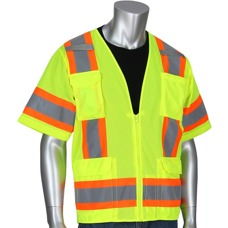 Class 3 Surveyors Safety Vest, Hi-Vis Yellow Mesh, Two-Tone Striping, Zipper Closure, 11 Pockets, Medium