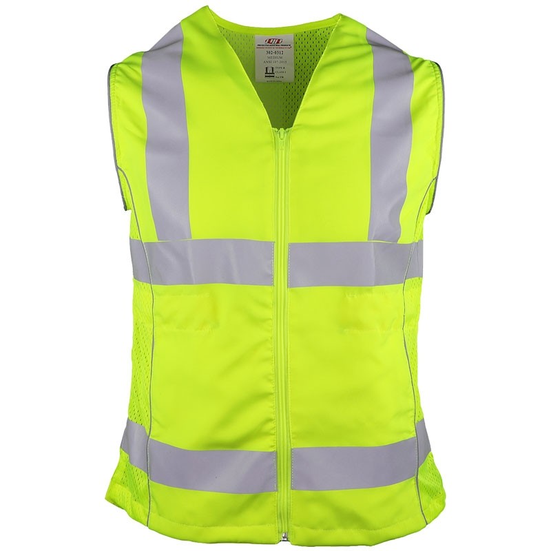 Class 2 Women's Contoured Safety Vest, Solid Front / Mesh Back, Zipper Closure, 3 Pockets, Hi-Vis Yellow, Medium