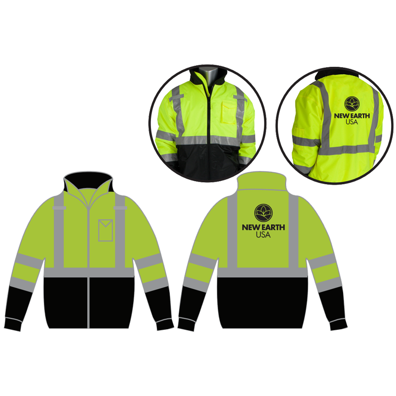 XL CLS-3 HI-VIS YEL BOMBER JACKET W/BLACK BOTTOM & FIXED LINER W/ NEW EARTH USA LOGO 1C 1L
