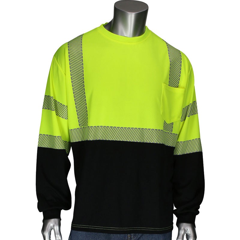 Class 3 Long Sleeve T-Shirt, Hi-Vis Yellow with Black Bottom Front, Medium