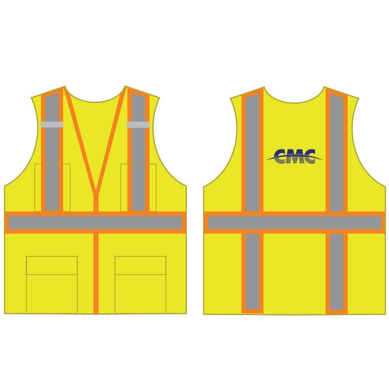M CLS 2 SAFETY VEST HI-VIS YEL MESH  W/TWO TONE STRIPE, ZIPPER CLOSURE, 6 POCKETS, MIC TAB W/ CMC LOGO 1C 1L