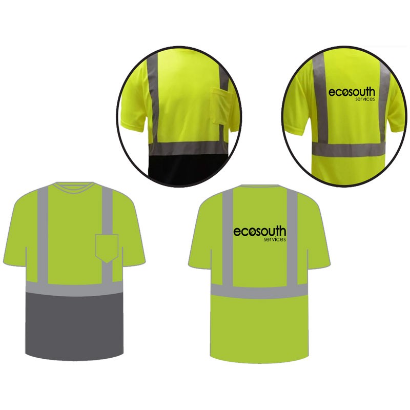 XL CLS-2 HI-VIS BLACK BOTTOM T- SHIRT, ANSI CLASS 2, 100% BIRDSEYE MESH, HEAT-TRANSFER REFLECTIVE STRIPING  W/ ECOSOUTH SERVICES LOGO 1C-1L