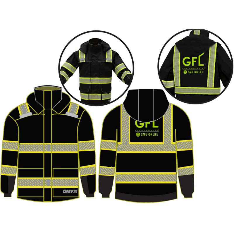 MED NON ANSI BLACK WEATHERPROOF  BLACK PARKA WITH REMOVABLE LINER  W/ GFL LOGO 1-C, 1-L (heat press back)